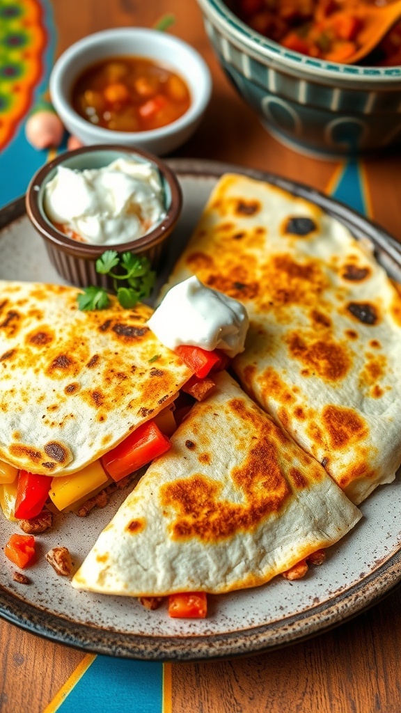 Crispy blackened quesadilla filled with cheese and vegetables, served with salsa and sour cream.